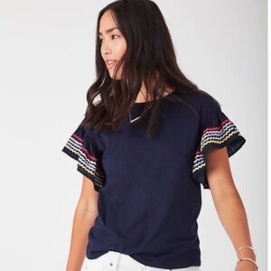 Stella & Dot Navy Tee with Multicolor Ruffle Sleeves